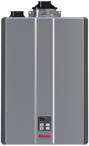 A gray Rinnai tankless water heater featuring a digital display and control buttons, vent connections on the top, and a sleek rectangular design set against a plain white background.